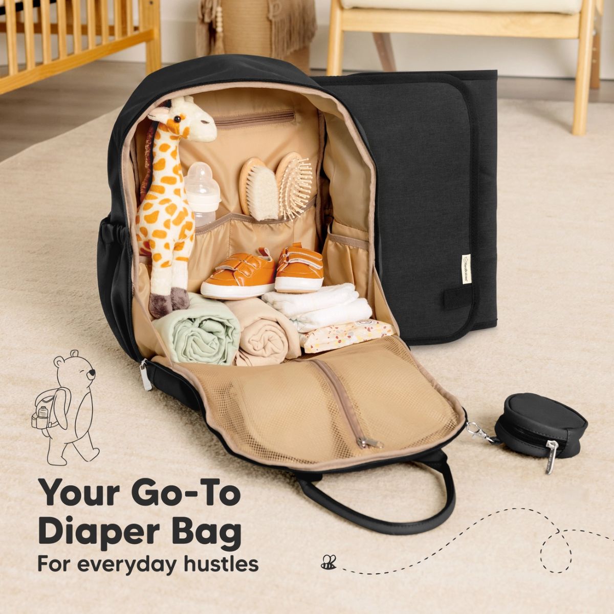 KeaBabies Play Diaper Backpack with Changing Pad - Trendy Black - Compact Yet Functional Capacity