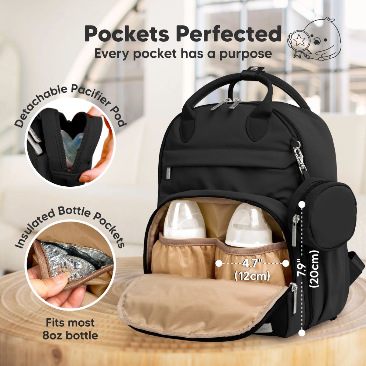 KeaBabies Play Diaper Backpack with Changing Pad - Trendy Black - Premium and Easy to Maintain Material