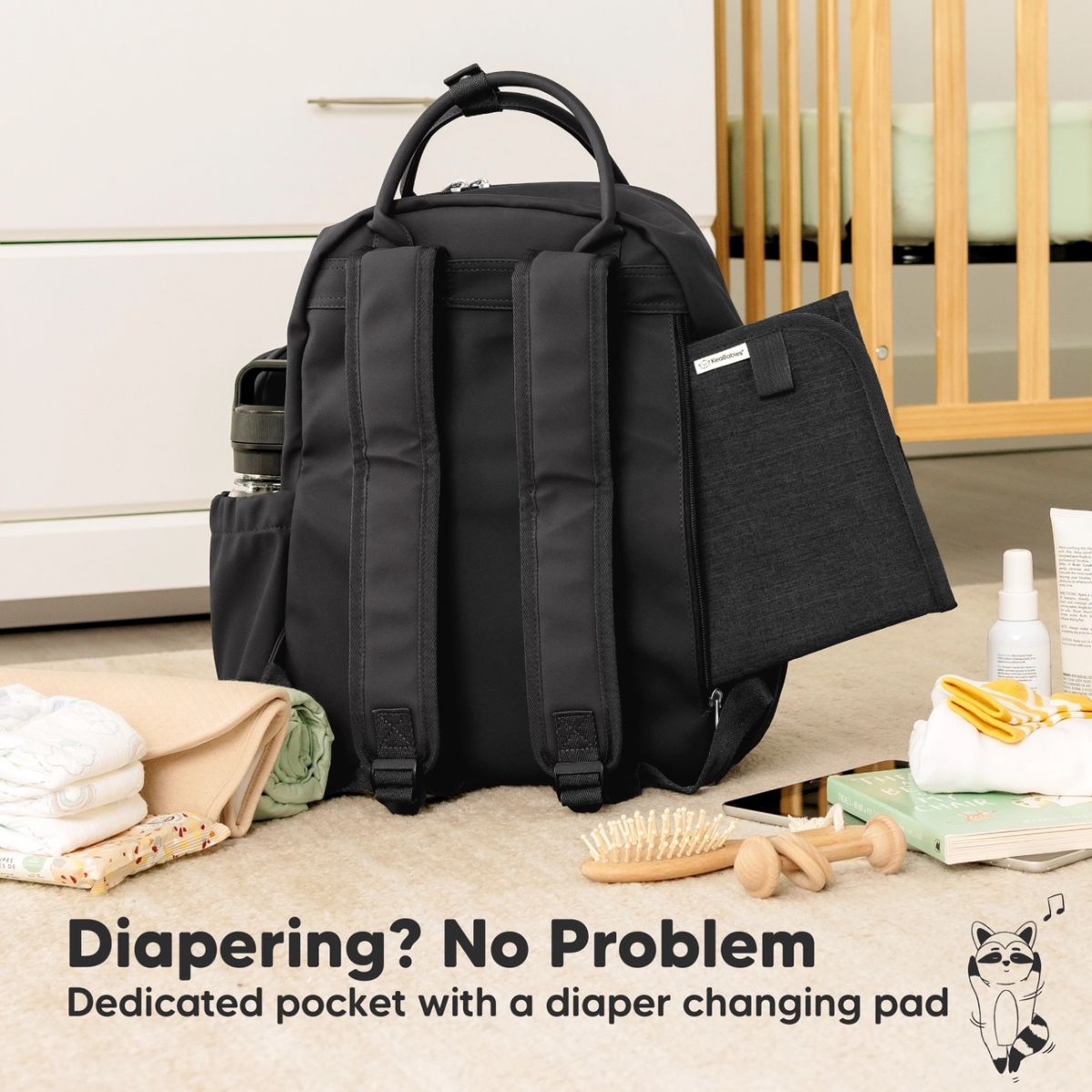 KeaBabies Play Diaper Backpack with Changing Pad - Trendy Black - Comfortable and Travel Ready