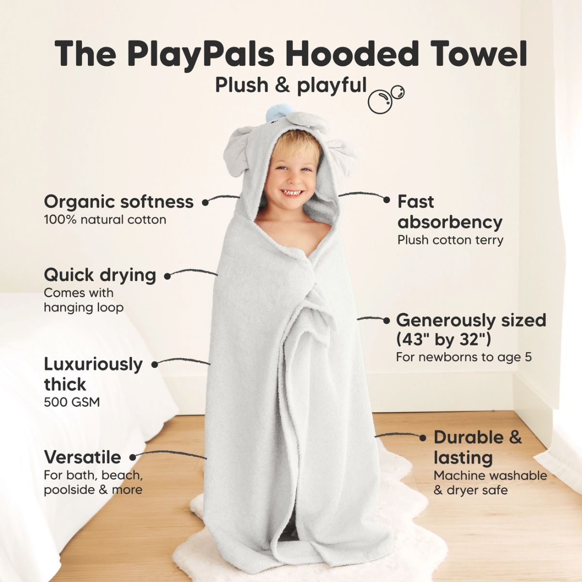 KeaBabies PlayPals Baby Hooded Towel - Ethan - Highly Absorbent for Quick Drying
