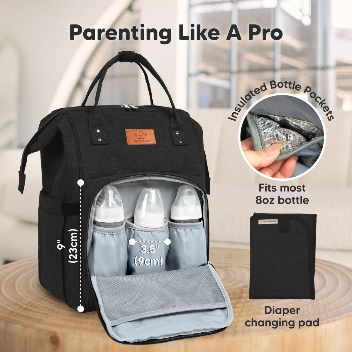 KeaBabies Rove Diaper Backpack -  Trendy Black - Smart Organization for Everyday Essentials